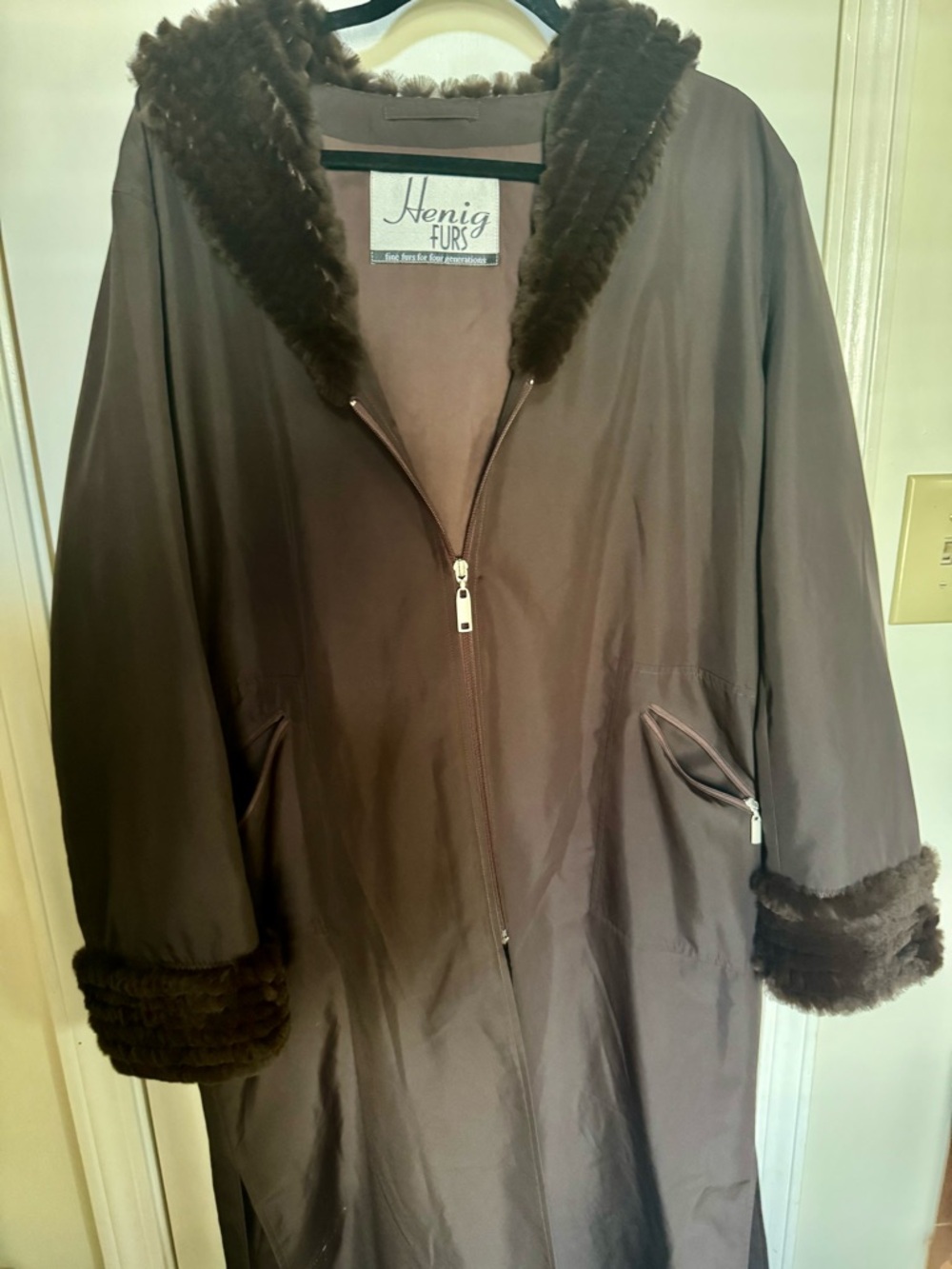 Henig Furs Brown Hooded Fur-Trim Coat